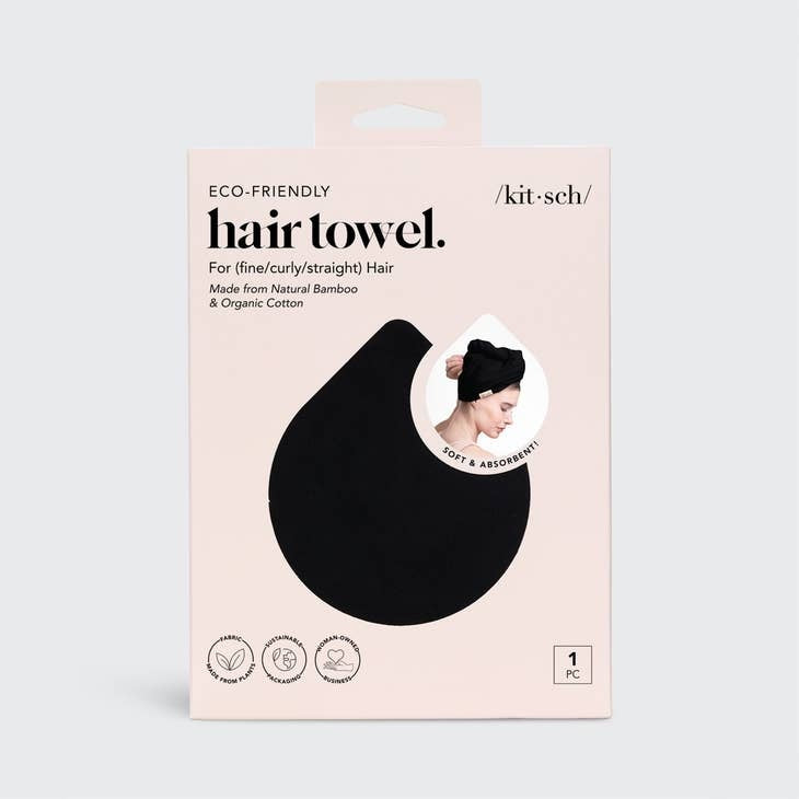 Quick dry hair towel in soft beige microfiber with stretch elastic trim