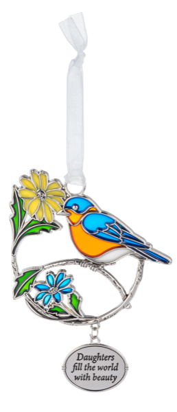 Zinc Blooms & Birds ornament featuring a bird perched among floral branches.