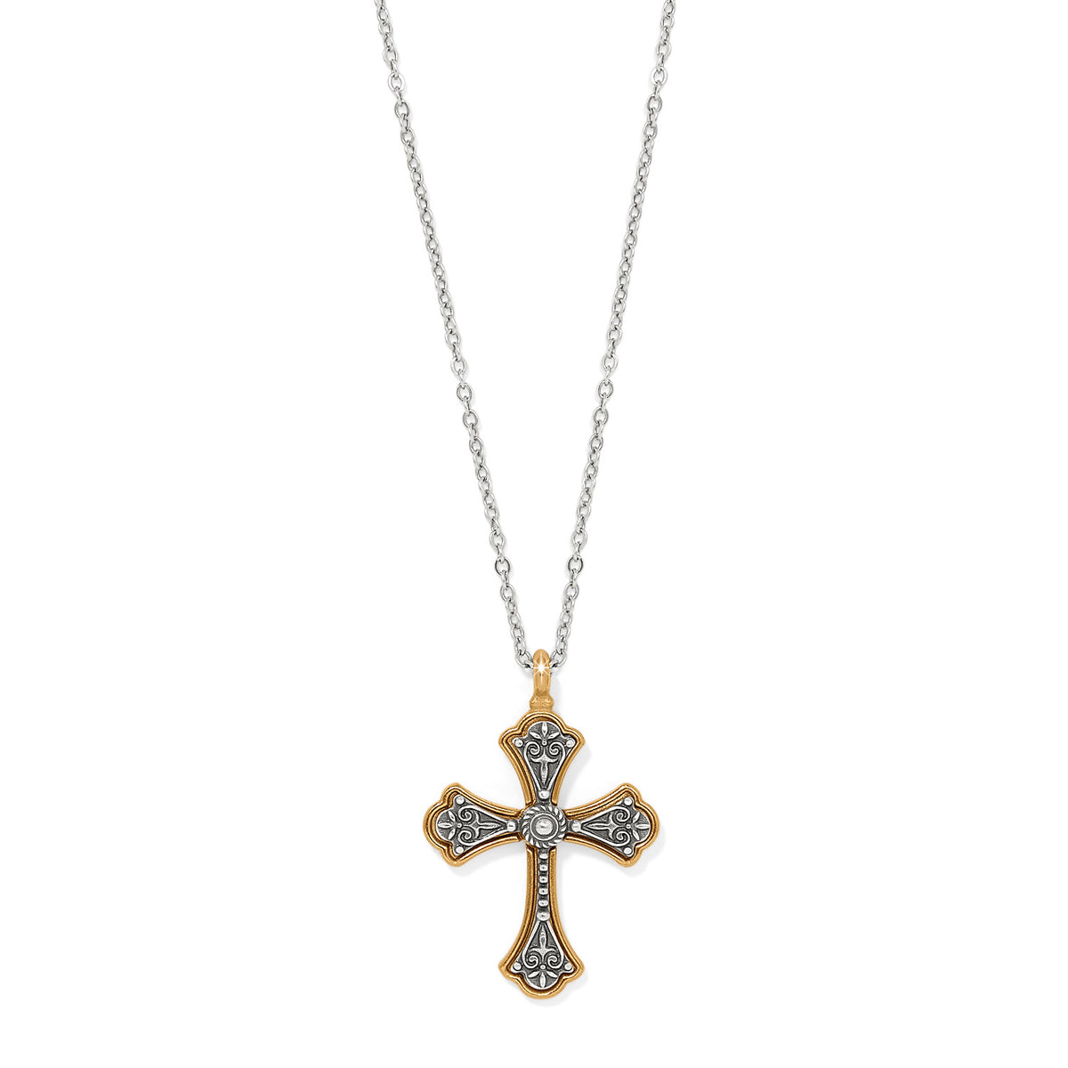 Good Shepard Cross Necklace with a two-tone silver and gold filigree pendant on a silver chain.