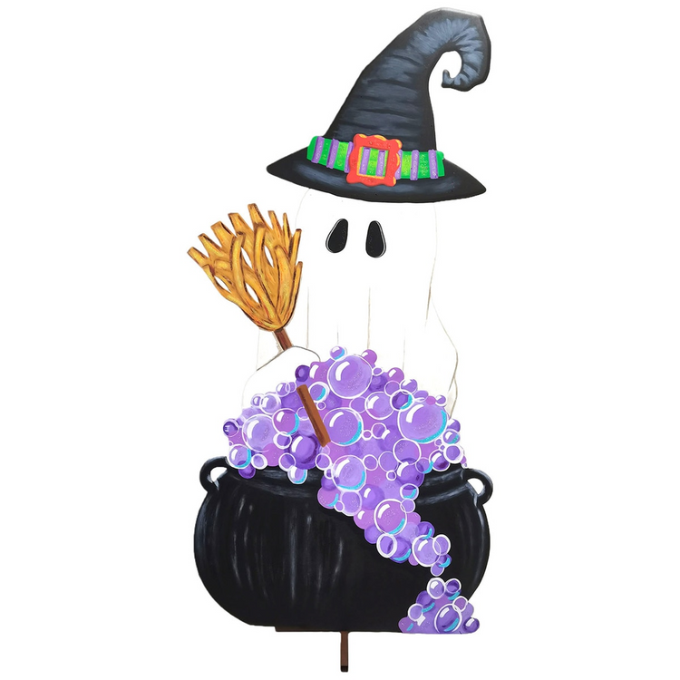 Oversized ghost witch yard stake wearing a hat and holding a broom over a bubbling cauldron.