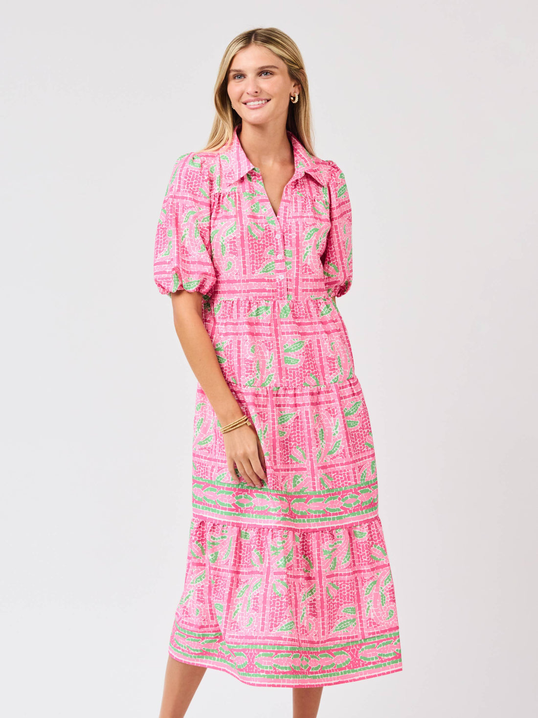 Eloise Trellis Tiles dress in lightweight woven fabric with a tiered midi silhouette and short sleeves.