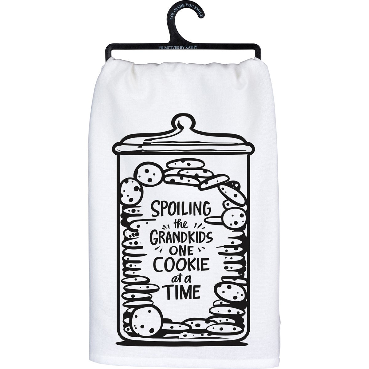 White cotton kitchen towel with a black graphic of a cookie jar filled with cookies and the text "Spoiling the grandkids one cookie at a time."