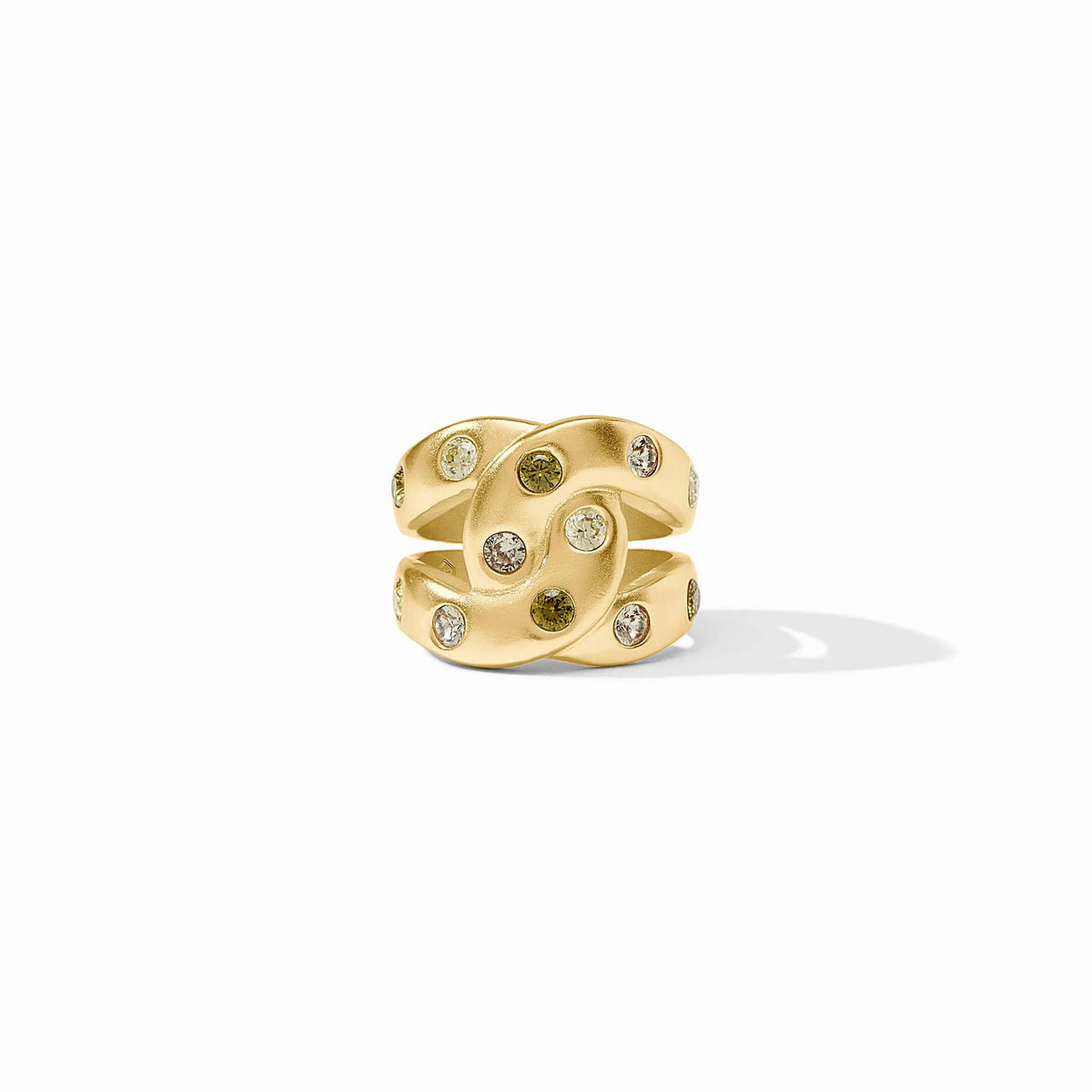 Rainbow infinity ring with multicolored stones set in a gold-plated band.
