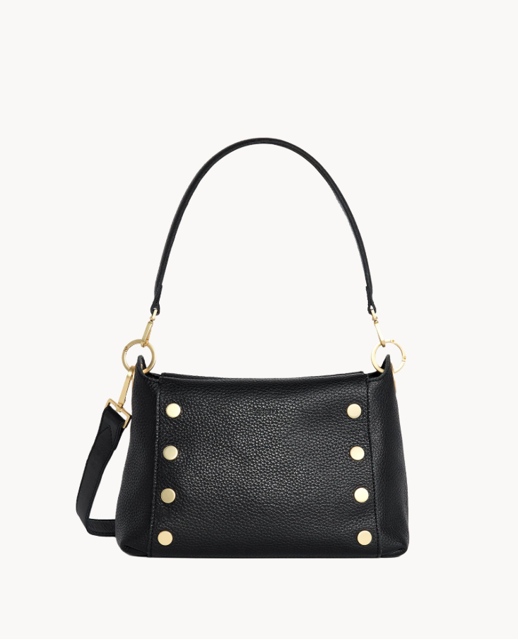 Black pebbled leather Bryant Med shoulder bag with gold studs and removable straps.