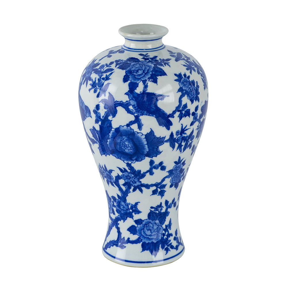 Classic porcelain vase in blue and white bird pattern with a cylindrical silhouette.