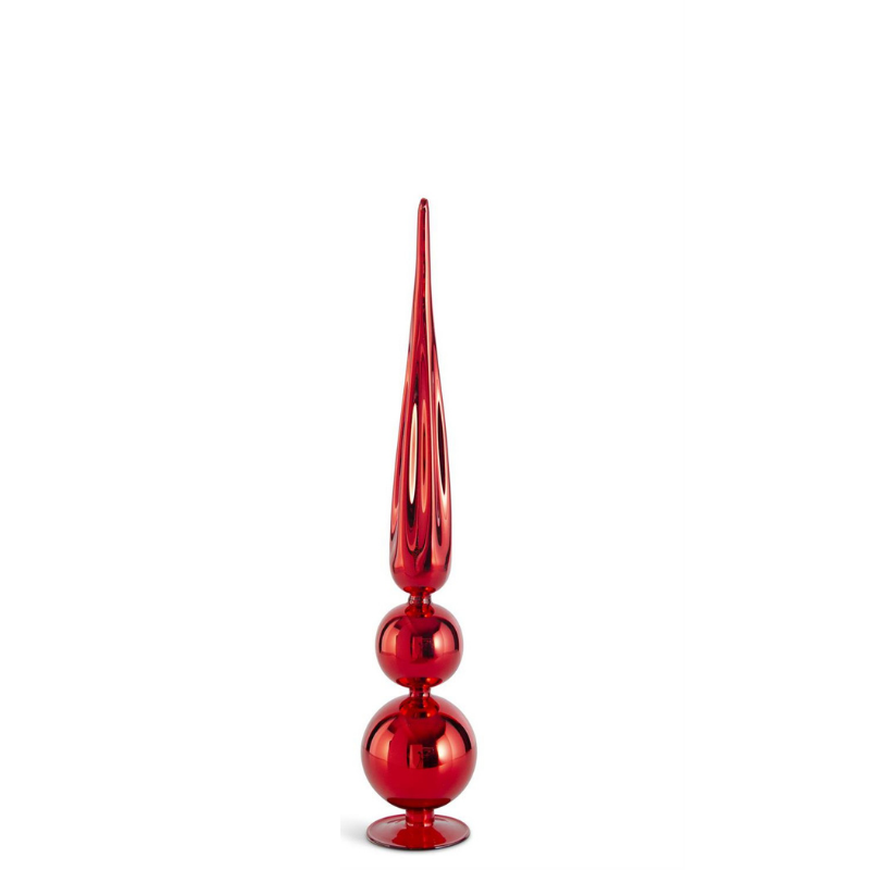 Tall, shiny red glass finial decoration with two spherical bases and a long, tapered spire.