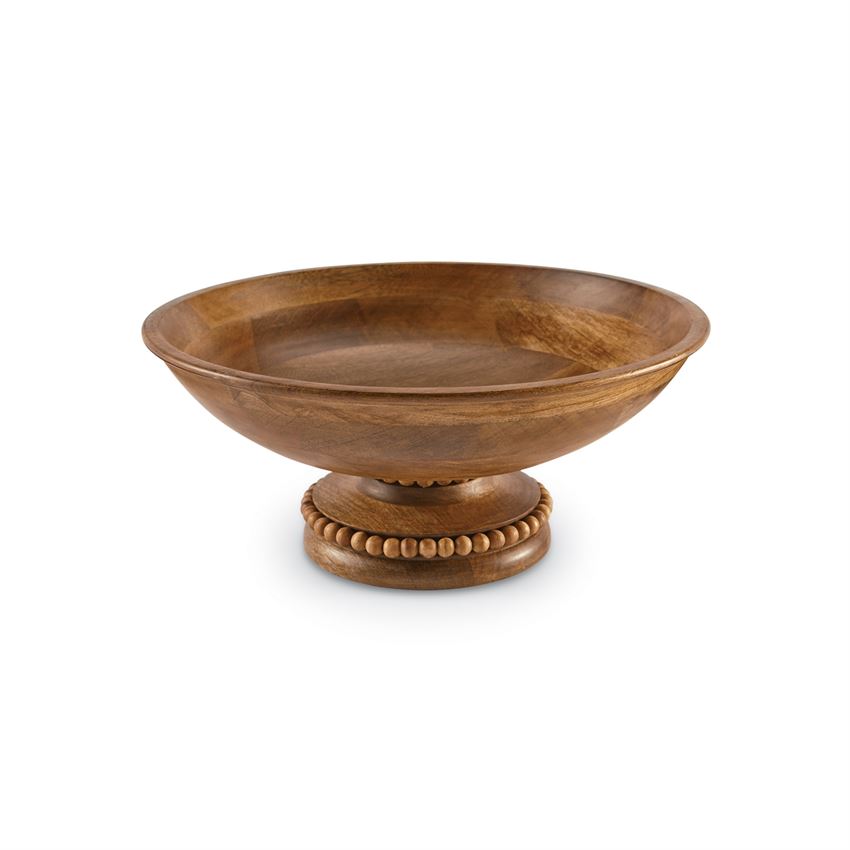 Round mango wood pedestal bowl with bead detailing on base