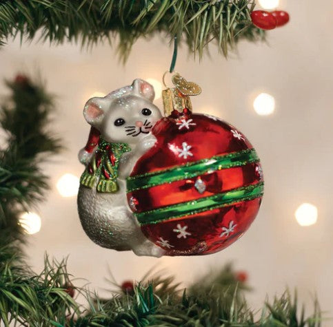 Playful Christmas mouse ornament featuring a white mouse hugging a red and green striped bauble.