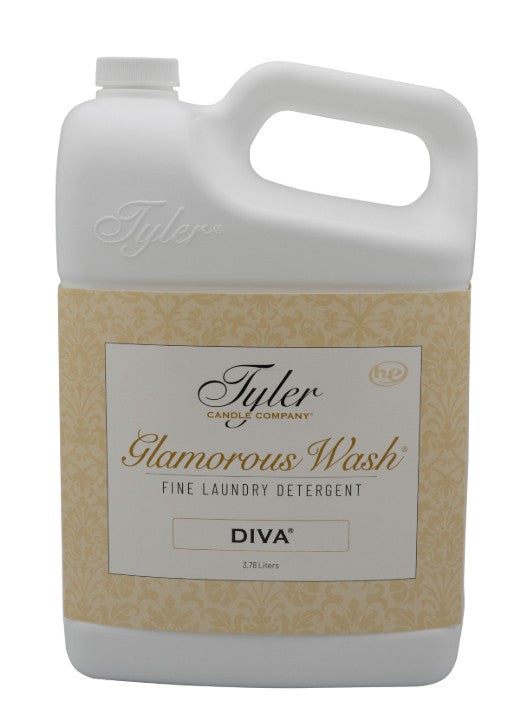 3.78L white plastic jug of Tyler Candle Company Diva scented fine laundry detergent.