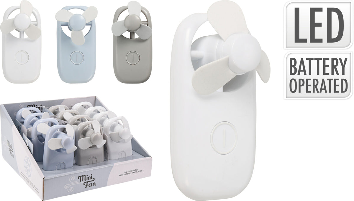 Handheld mini fans in white, blue, and grey with a display box and battery-operated label.