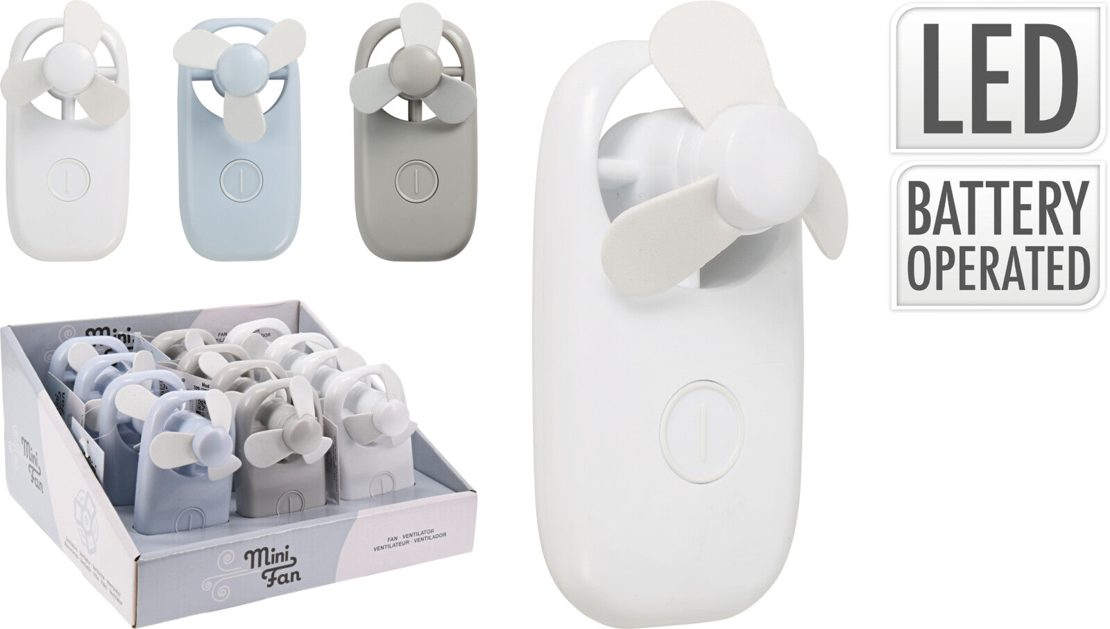 Handheld mini fans in white, blue, and grey with a display box and battery-operated label.