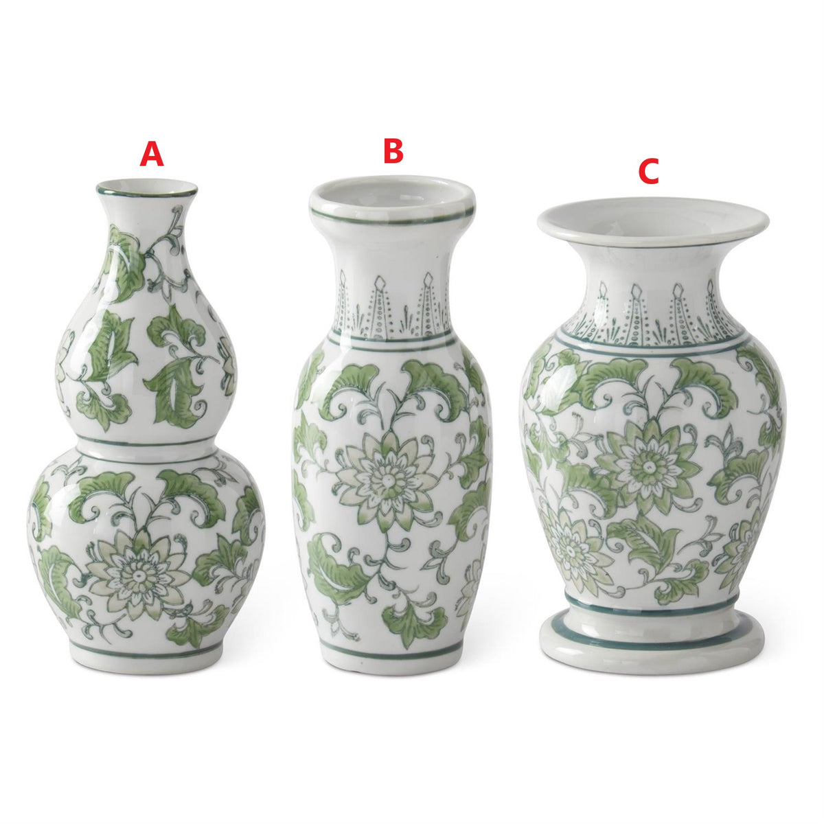 Green and white ceramic chinoiserie bud vase with a slender silhouette.