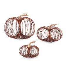 Set of three orange wire pumpkins with black glitter in small, medium, and large sizes.