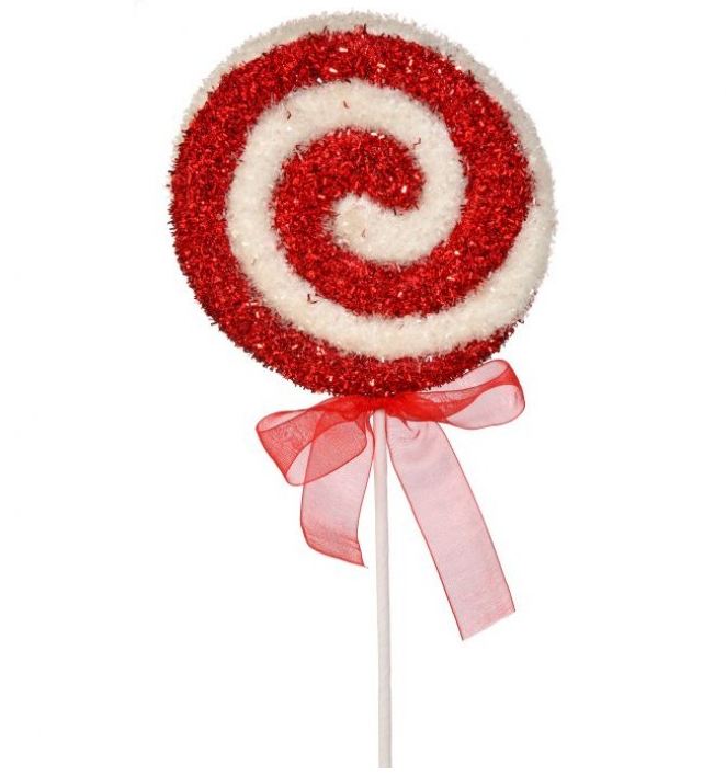 Red and white 22-inch candy swirl lollipop ornament with sparkling accents and a bow
