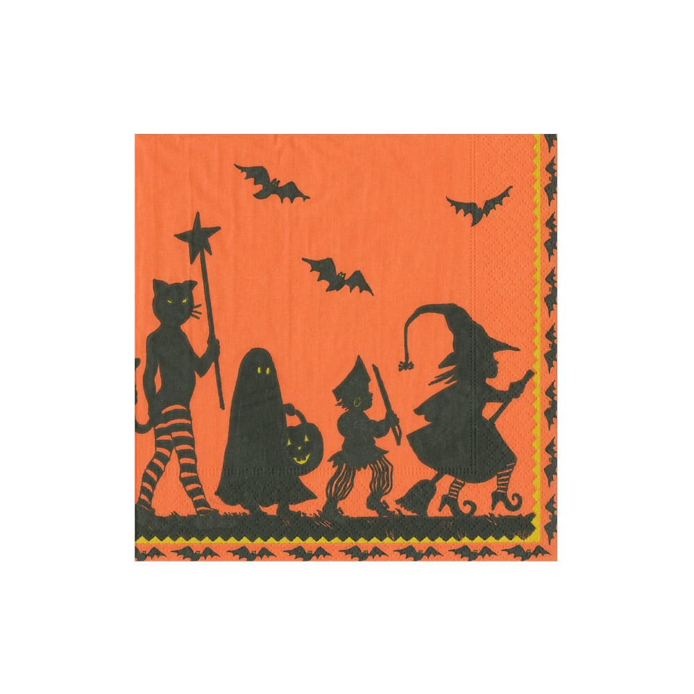 Orange cocktail napkin featuring a black silhouette parade of a cat, ghost, pirate, and witch.