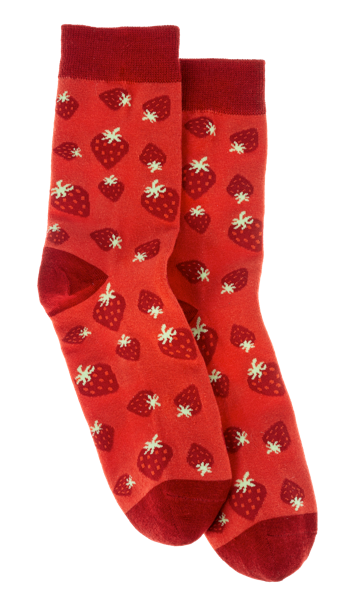 Strawberry Jam Socks in Canister with red fruit pattern on white fabric