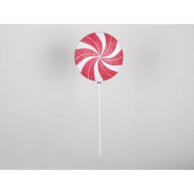 26-inch round peppermint swirl lollipop decoration with red and white glittery stripes.
