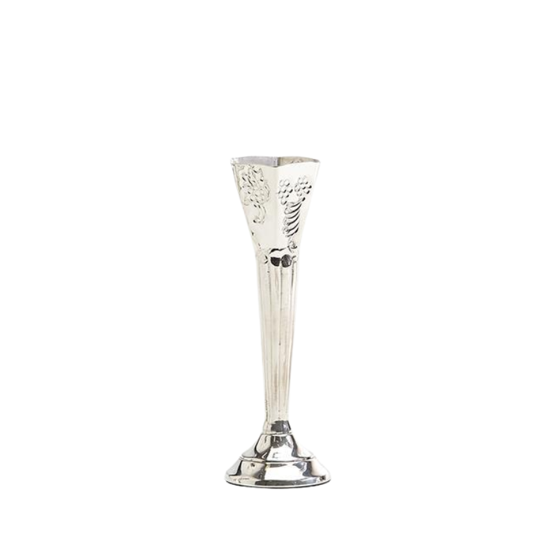 Silver-plated brass single stem bagatelle vase with floral engravings and a flared rim.