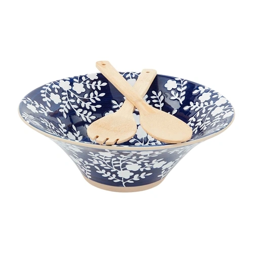 Indigo stoneware serving bowl set with matching utensils