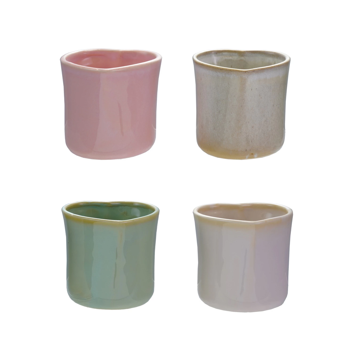 White stoneware handle-less mug with a square shape.