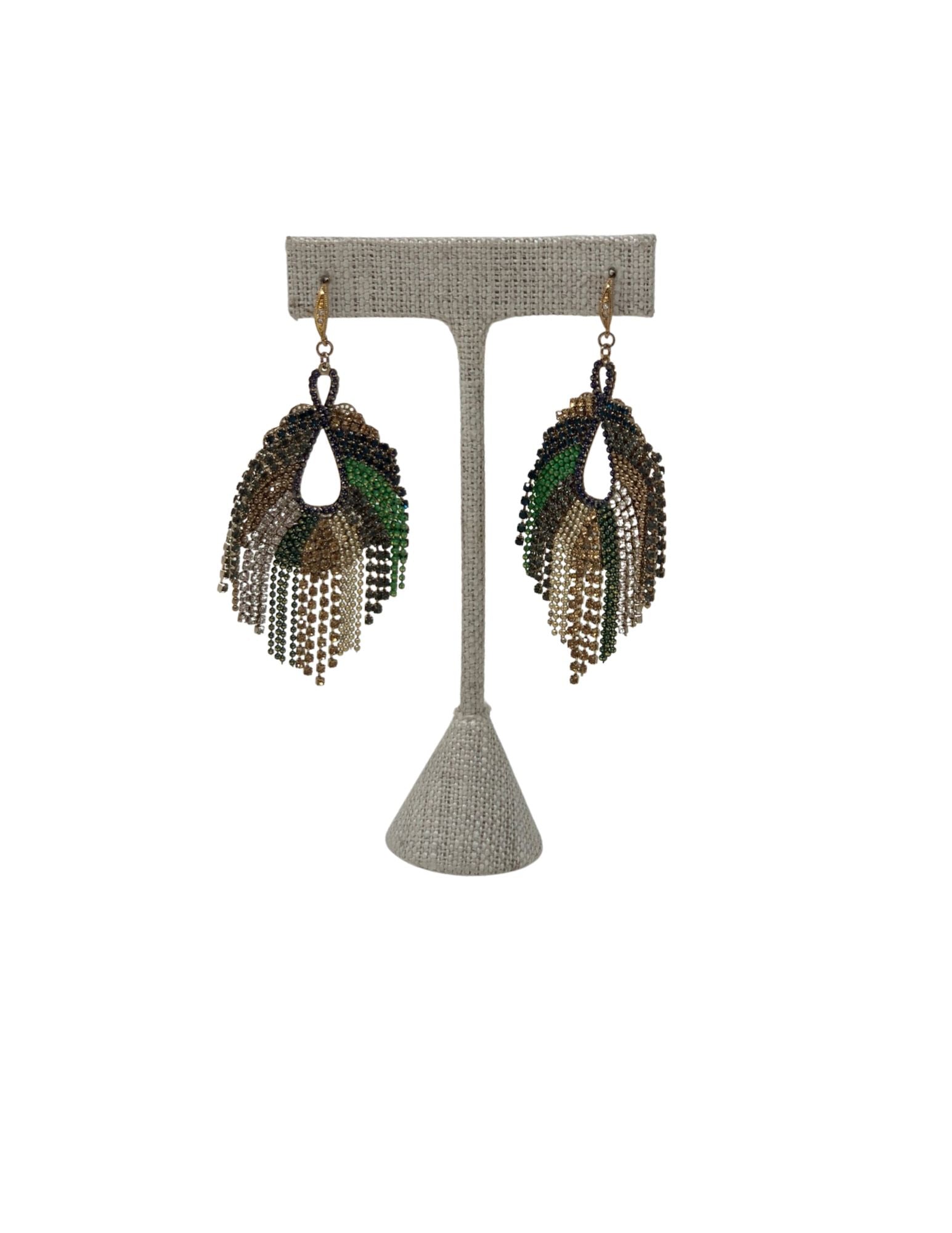 Forrest Crystal Dangle Earrings with green, gold, and black beaded fringe on a display stand.
