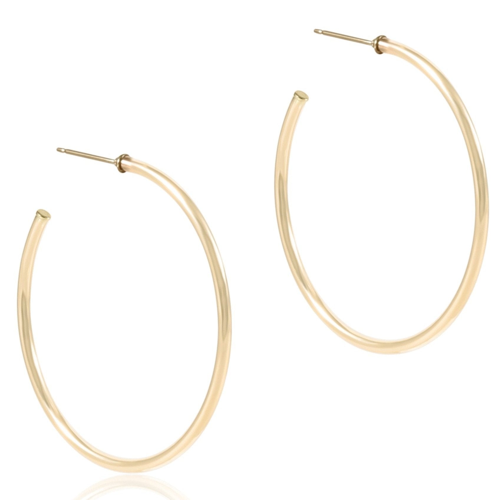 Pair of 1.75 inch round 14kt gold-filled 2mm smooth post hoop earrings.