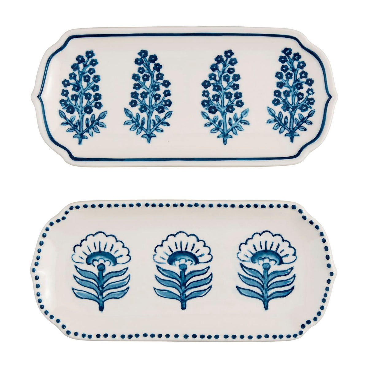 Two hand-stamped stoneware trays with blue floral block print designs and hand-painted rims.