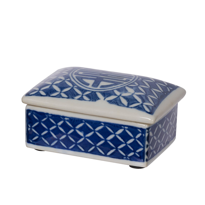 Three porcelain decorative boxes in blue and white intricate patterns with rounded silhouettes.