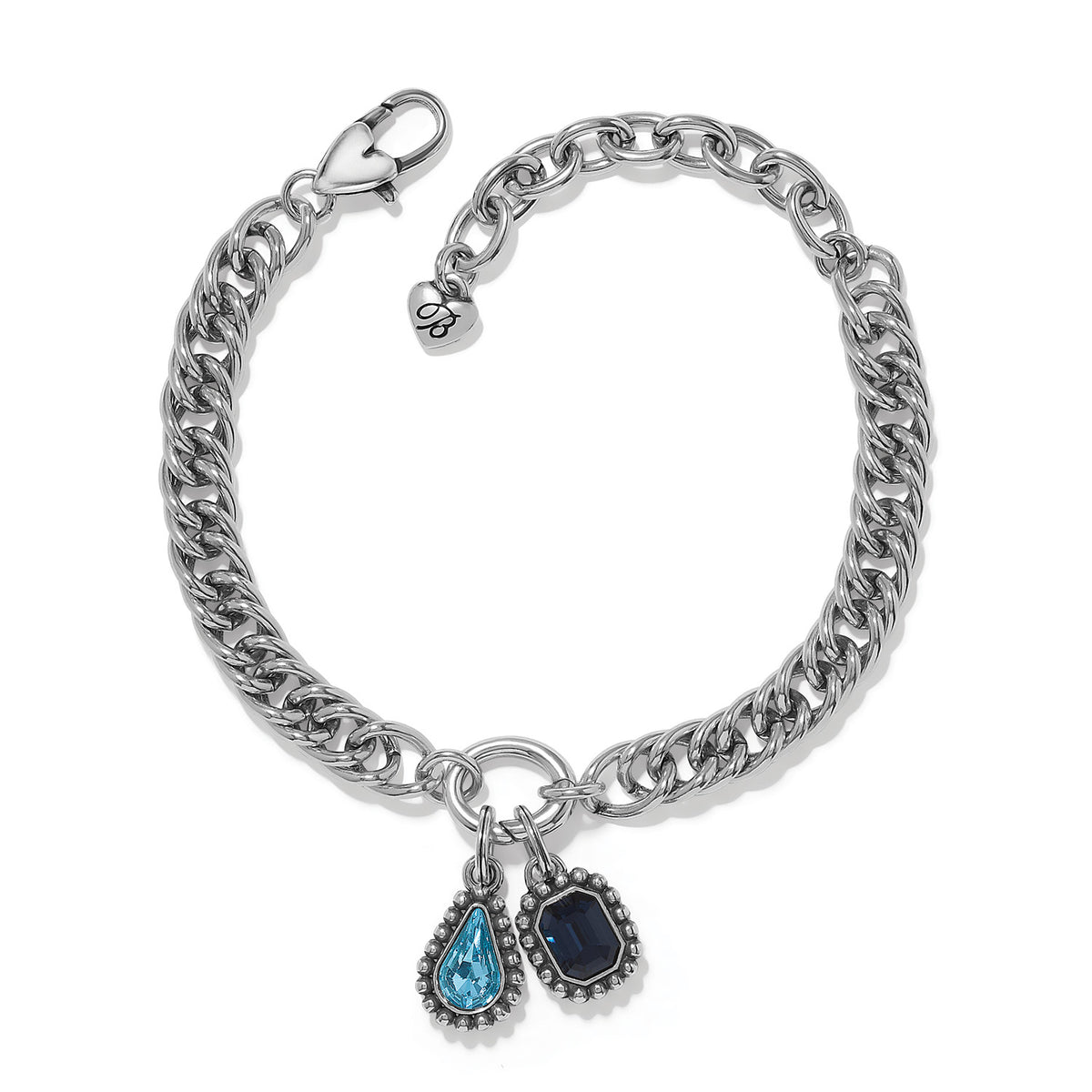 Silver-plated Twinkle Luxe Charm Link Bracelet with blue crystal teardrop and emerald-cut charms.