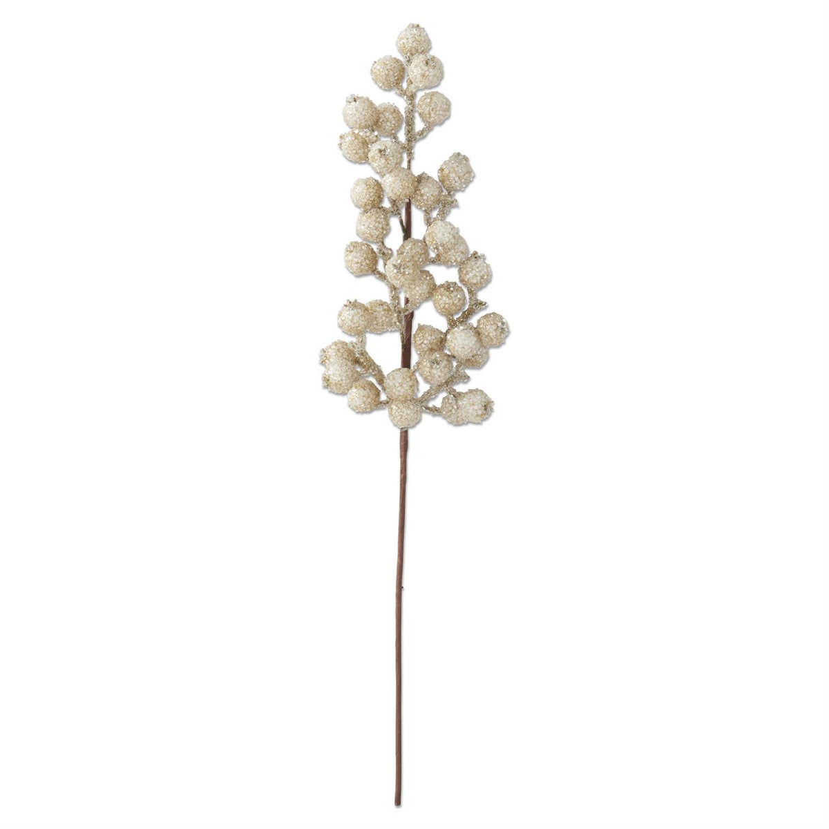 Twenty-eight inch champagne glittered berry stem floral arrangement in a clear vase.