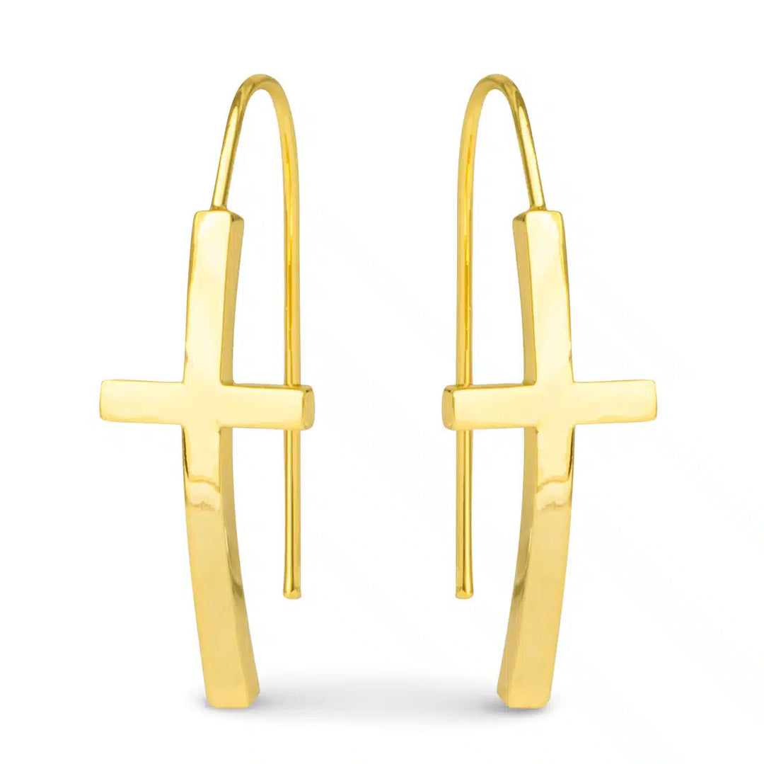 Pair of Maria polished gold cross drop earrings with a sleek, curved design and wire hooks.