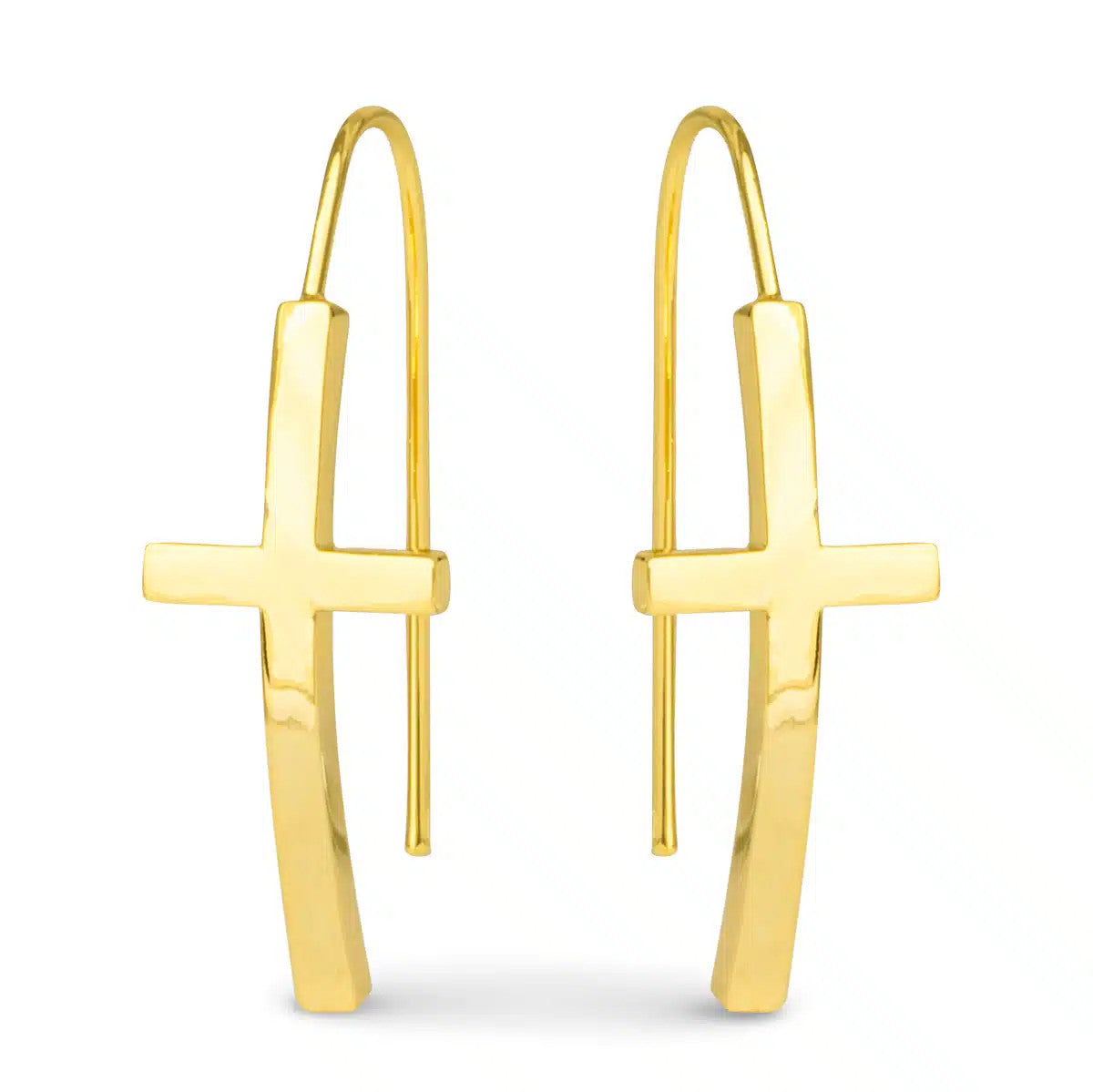 Pair of Maria polished gold cross drop earrings with a sleek, curved design and wire hooks.