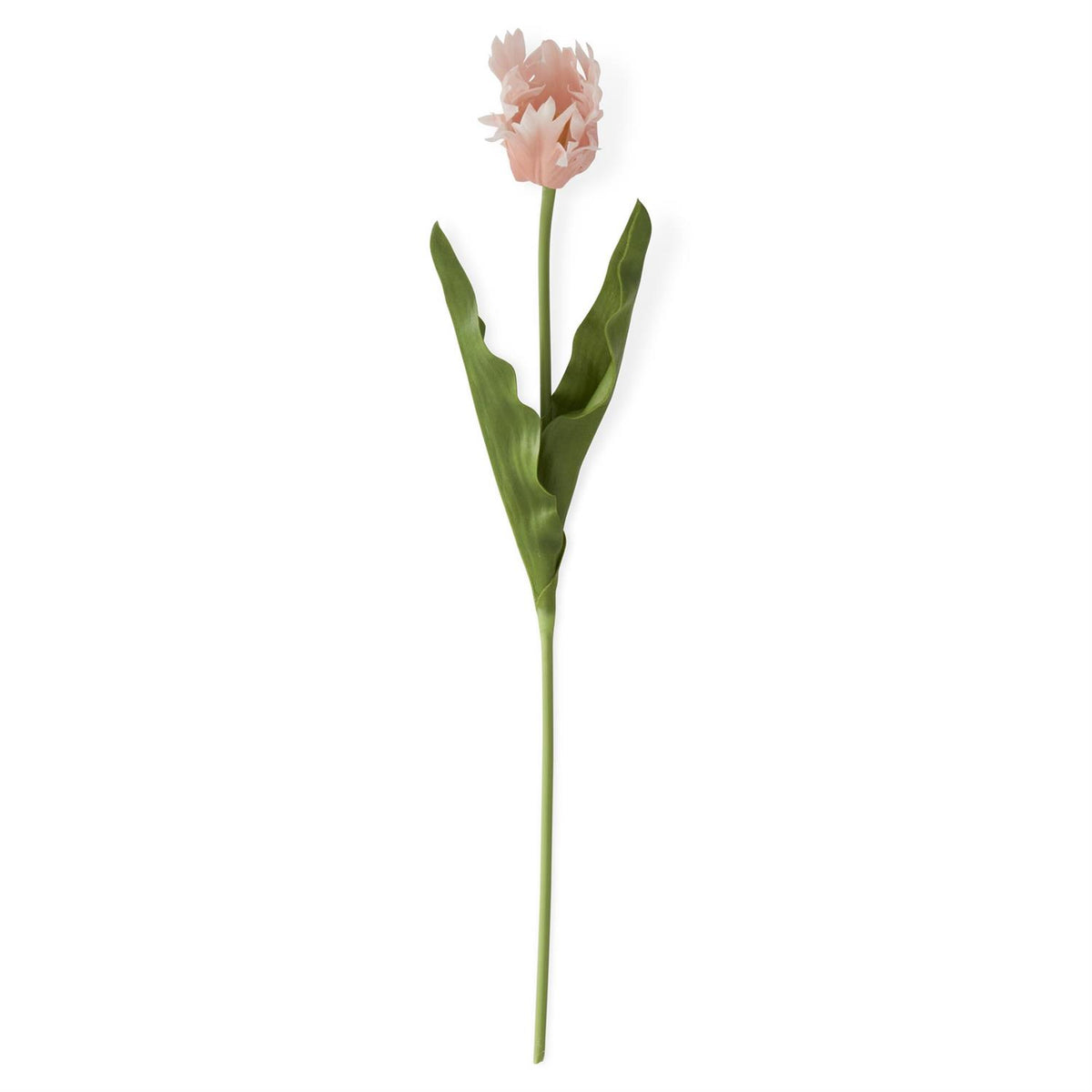 Real Touch parrot tulip artificial plant with plastic leaves in green and purple hues on a wire stand.