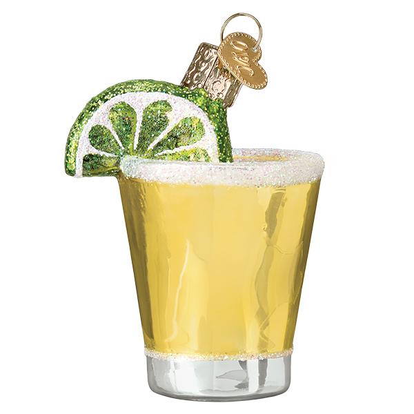Glass Tequila Shot Christmas ornament with a glittery lime wedge and salt-rimmed edge.