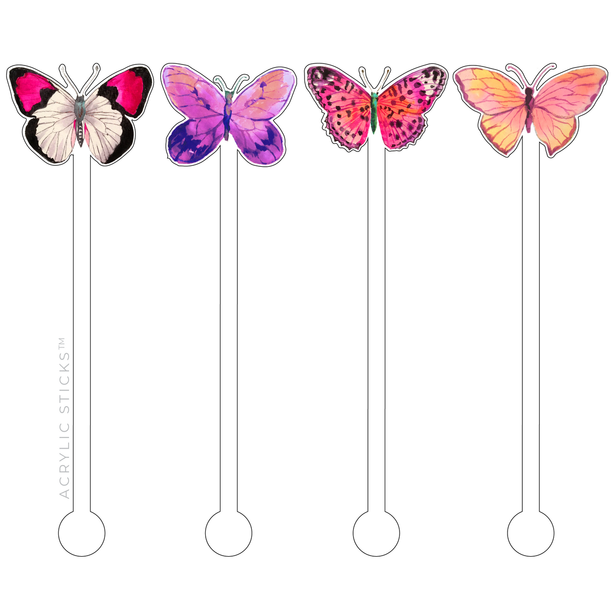 Set of four 6-inch acrylic stir sticks featuring colorful watercolor butterfly designs.
