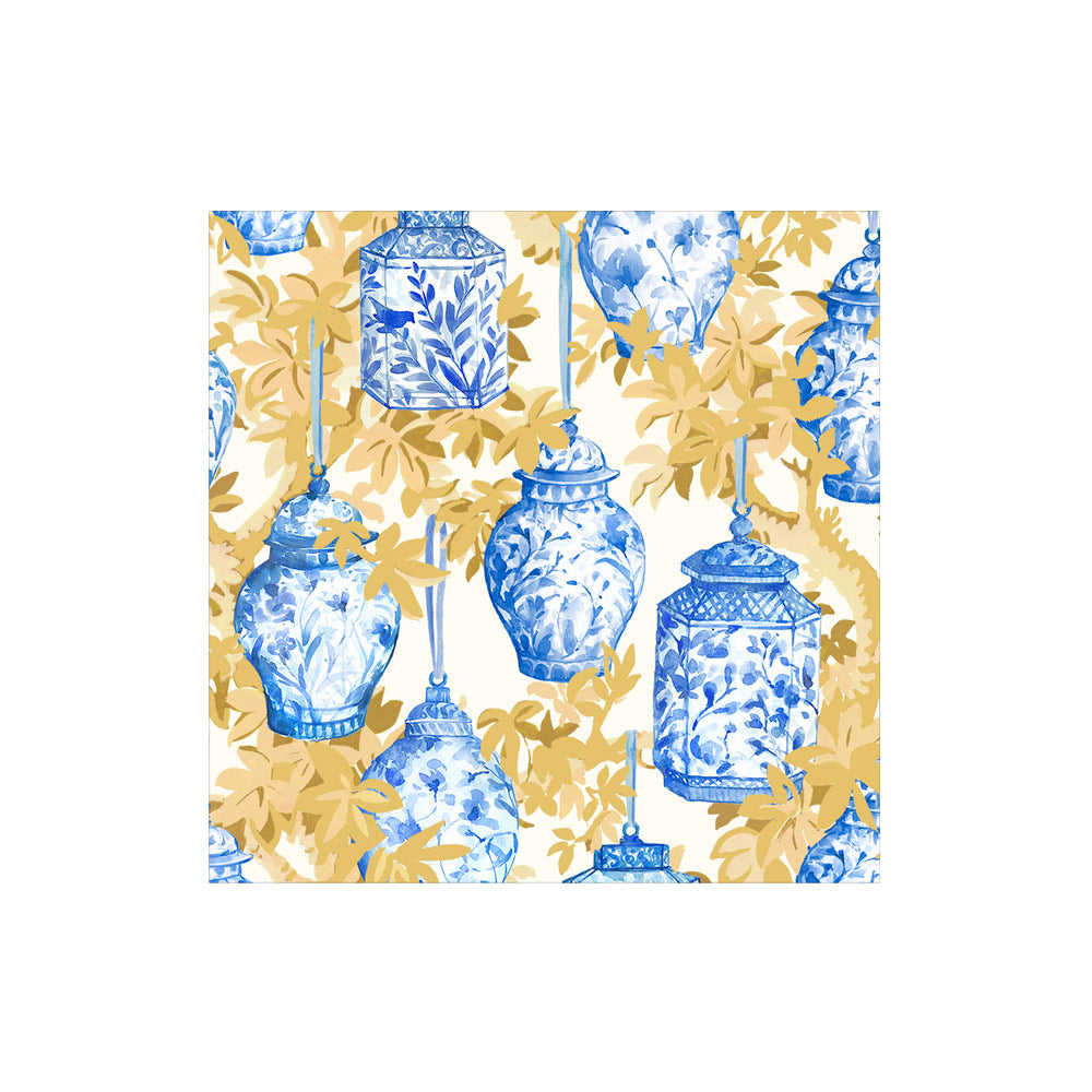 Ginger Jars Blue/White Cocktail Napkin with watercolor blue ginger jars and gold leaf pattern.