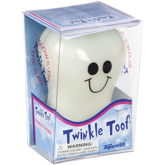 Twinkle Toof glow-in-the-dark tooth fairy keeper in clear packaging with a smiling face design.