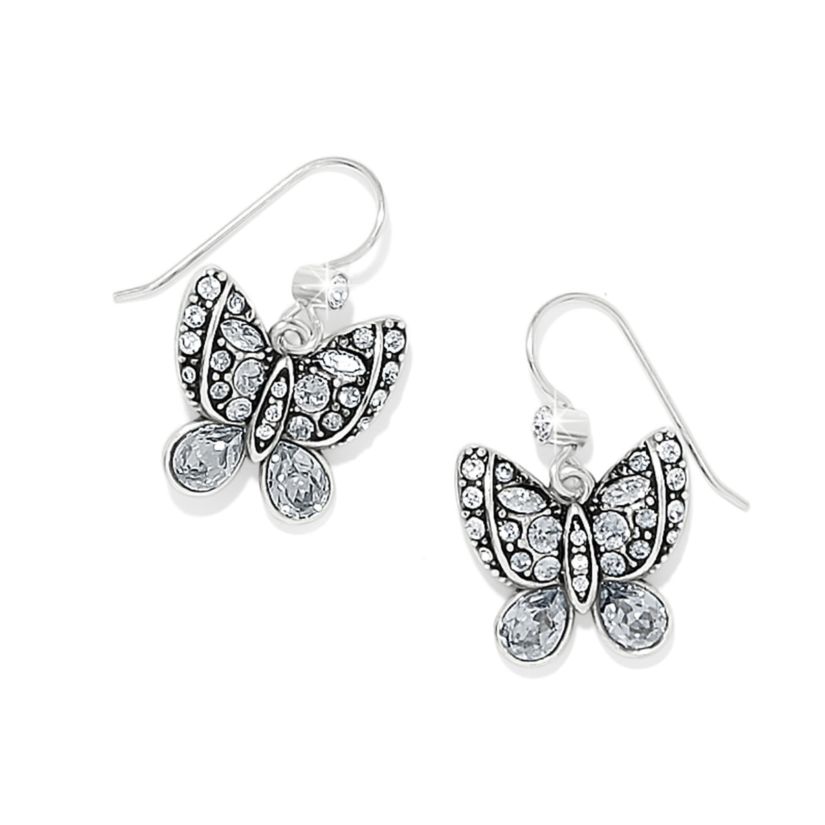 Silver plated French wire butterfly earrings with sky blue crystals