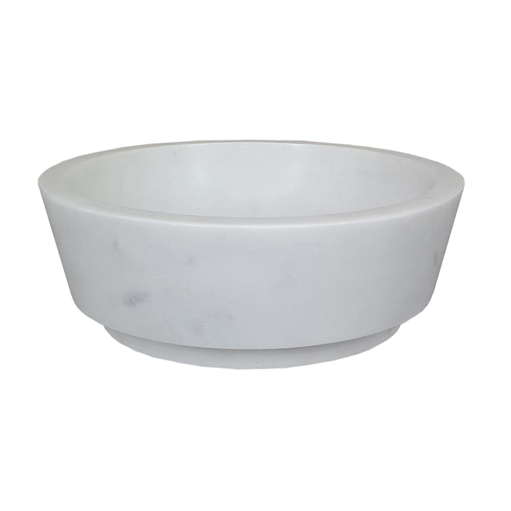 White marble bowl with a tapered circular design and a small pedestal base.