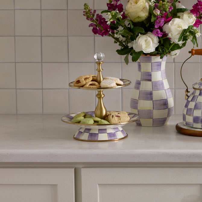 Violet check two-tier sweet stand with a round silhouette