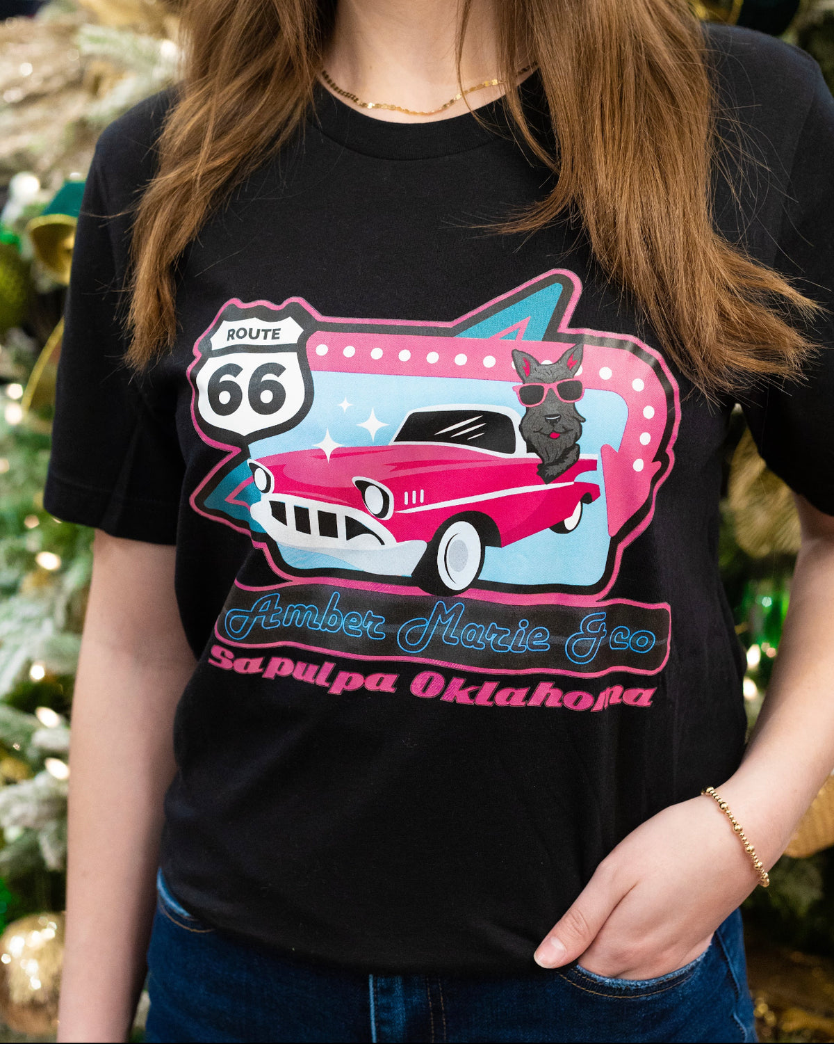 Black Bella full-color loge tee with Route 66 graphic