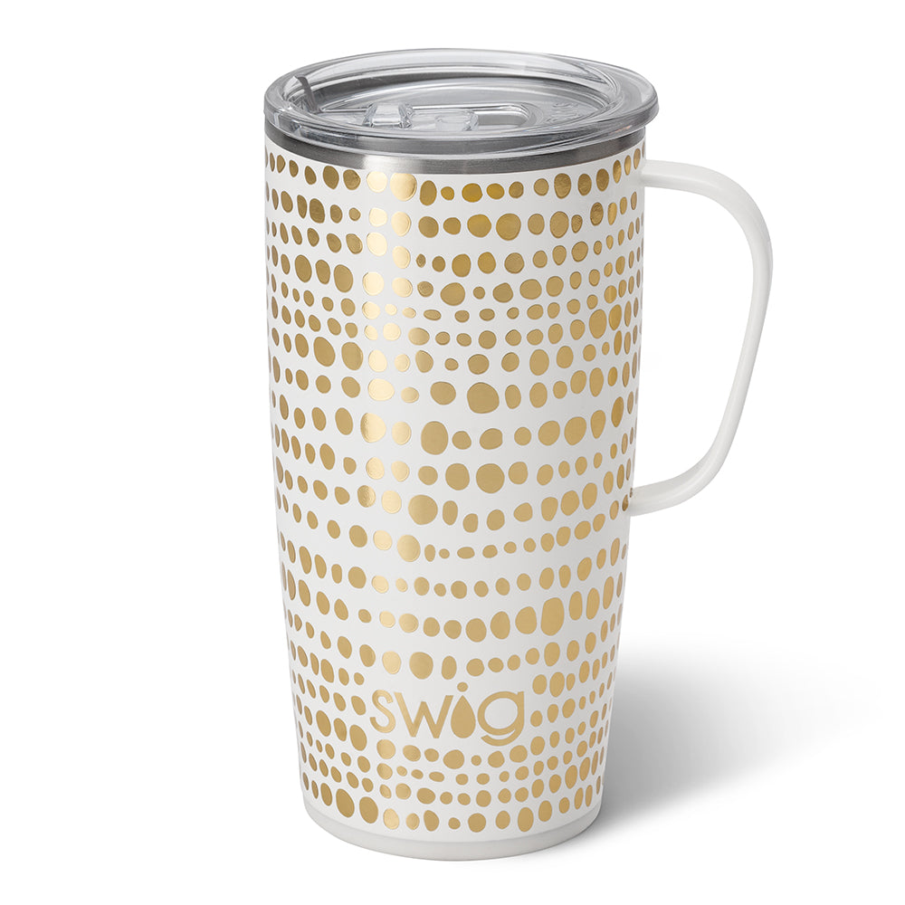 Silver stainless steel travel mug with a black silicone base and lid.
