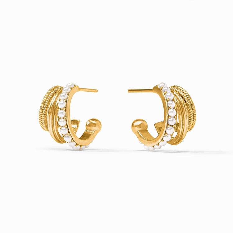 Triple hoop earring with gold plating, stone studs on the inner ring, fluted middle ridge, and braided outer layer.