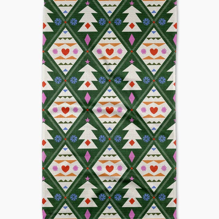 Holiday tea towel with waffle weave construction in red featuring a festive snowman pattern