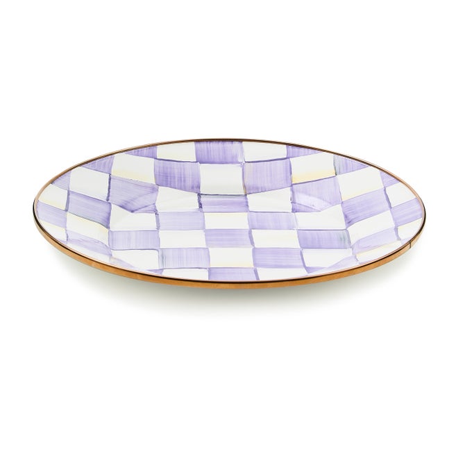 Violet check dinner plate with a 10-inch diameter featuring a violet and white gingham pattern.