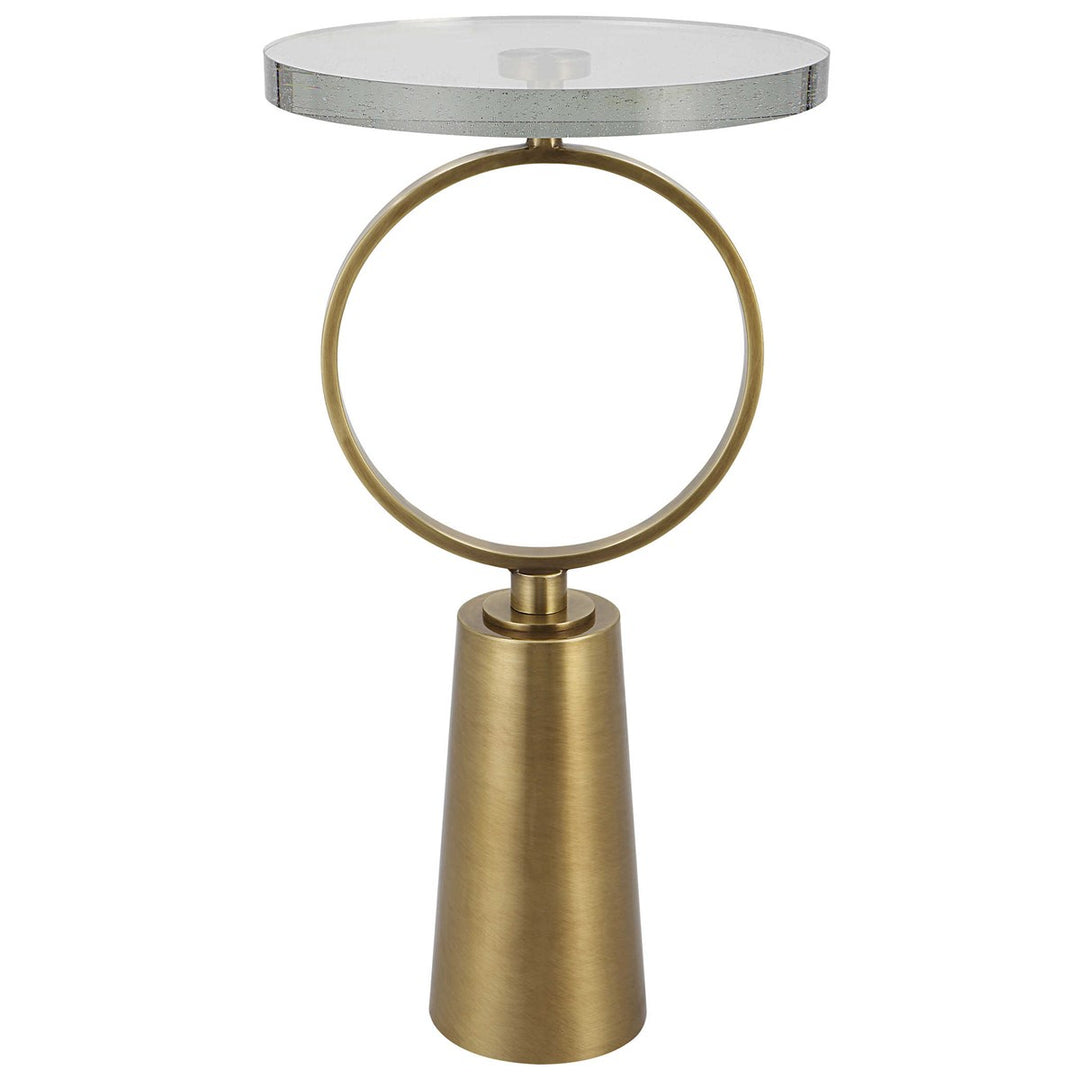 Ringlet accent table with a round white marble top on a black metal ring base.