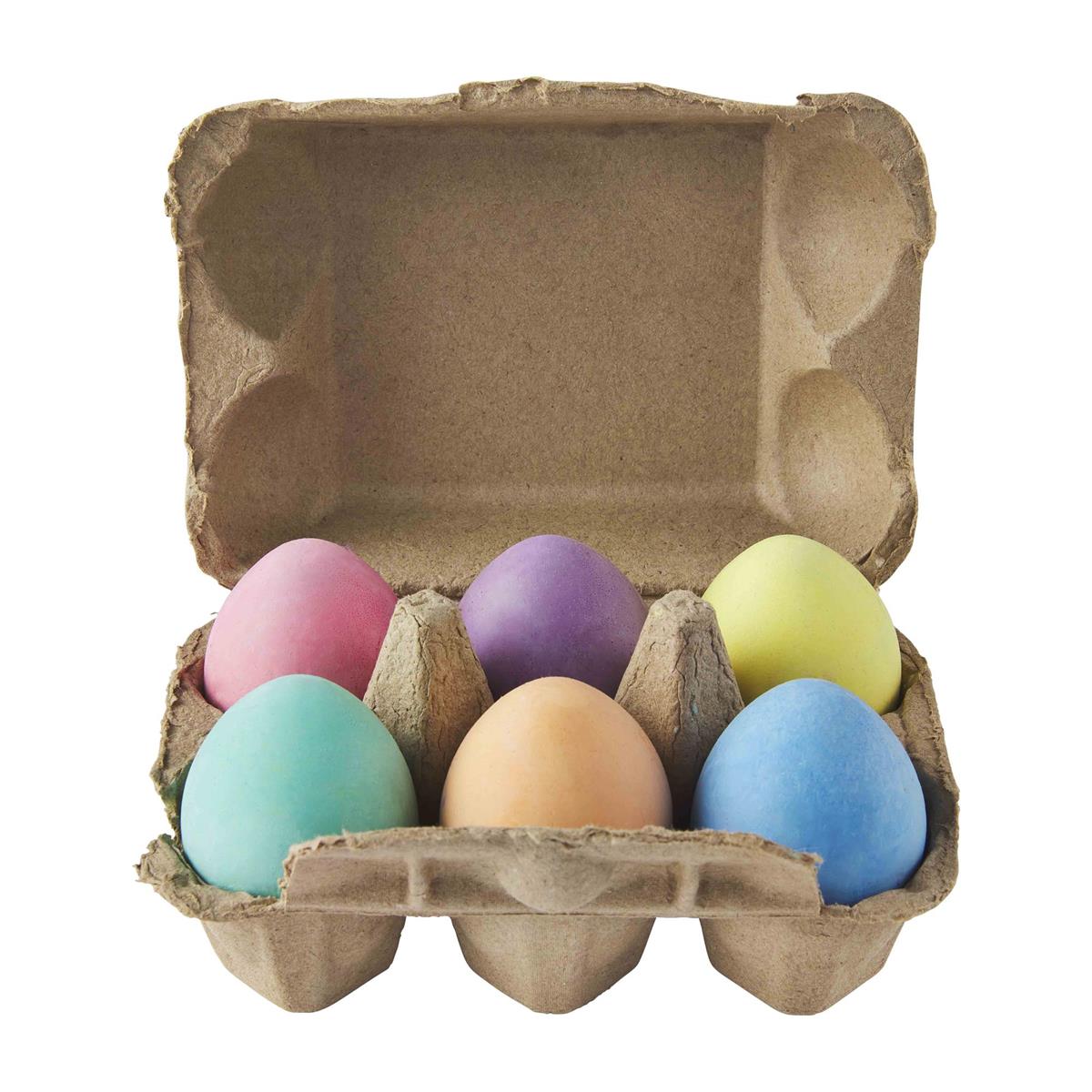 Carton containing a set of egg-shaped sidewalk chalk pieces in assorted colors.