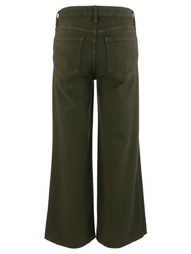 Back view of olive green high-rise wide-leg pants with two back pockets and a raw hem.
