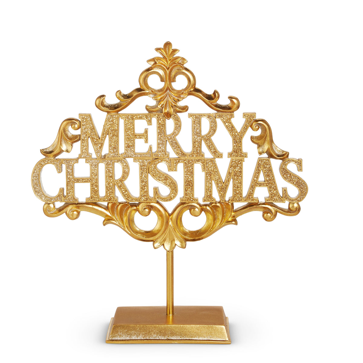 16-inch glitter gold Merry Christmas sign on a pedestal stand with ornate scrollwork details.