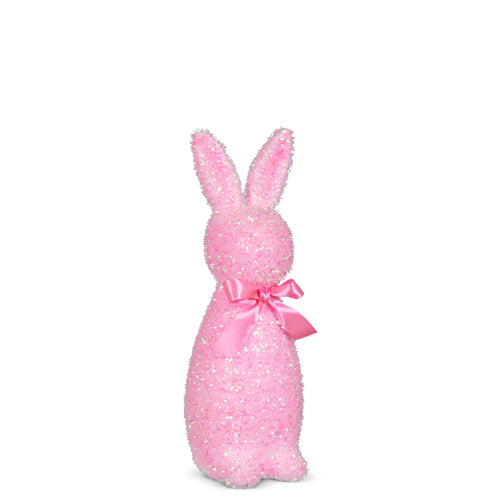 Twelve-inch iridescent pink flocked bunny made of foam glitter polyester
